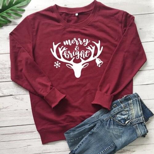 Merry Bright Deer Graphic Sweatshirt Merry Christmas Fashion Clothing Hoodies Christmas bell holiday Kawaii Jumper art Crewneck