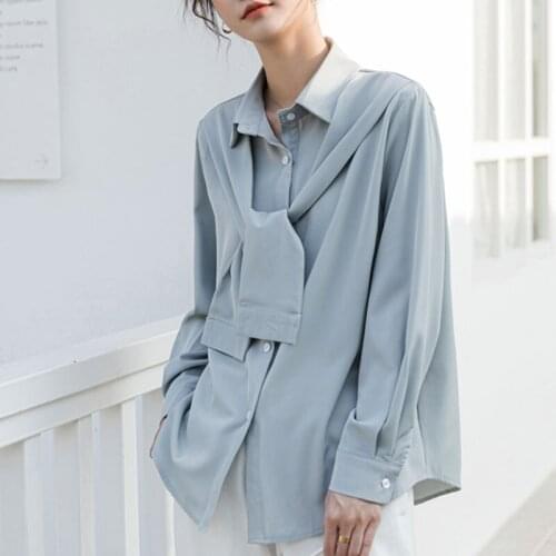 One Piece Polo Neck Shirts For Women Chiffon Loose Long Sleeve Elegant Blouse Single Breasted Simple Casual Tops Spring 9823