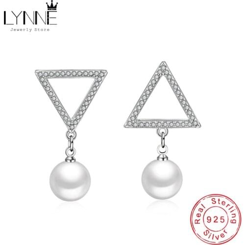 New 925 Sterling Silver Triangle Rhinestone Asymmetry Drop Earrings Elegant Pearl Pendant Ear Stud Women Fashion Trend Jewelry