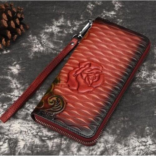 3D Embossing Genuine Leather Women Wallet Zipper Vintage Flower Long Wallet Women Purse Ladies Clutch Female Real Leather Wallet