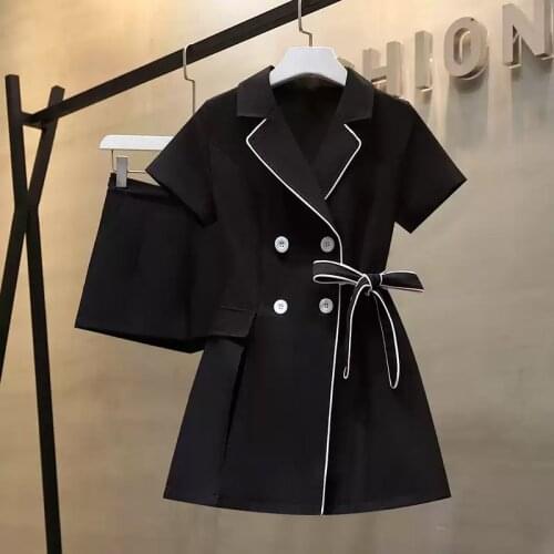 Plus size women office set 2021 summer new fashion cardigan button coat high waist top and shorts two piece suit ladies clothing