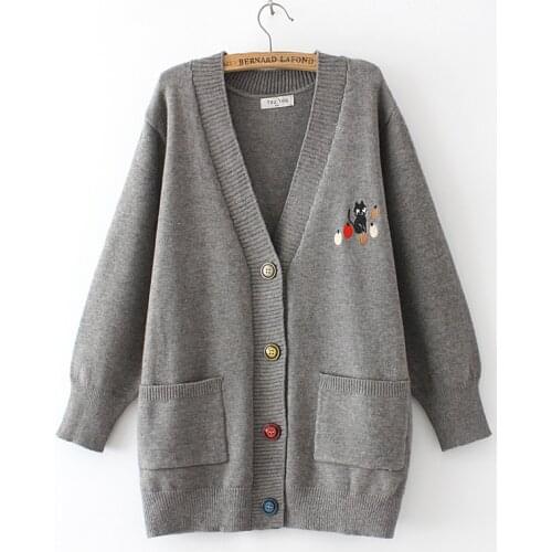 Cardigan Womens Plus Size Sweater Autumn Winter Loose Knitted Tops V Neck Cat Embroidery Jumper Two Pockets Knitwear XXL/4XL