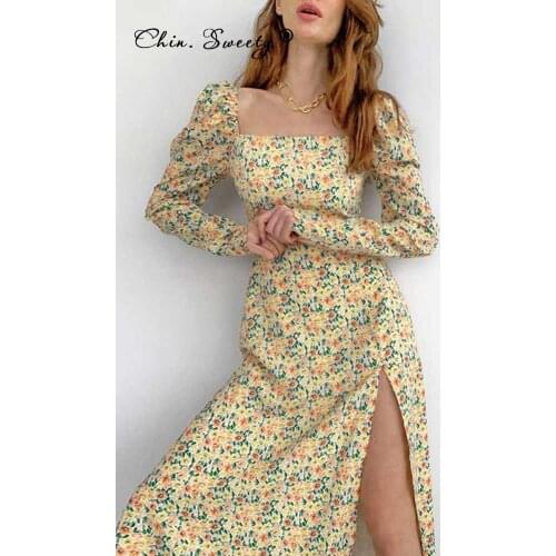 Floral Print Women Long Sleeve Midi Dresses 2021 Autumn Square Collar Ruched Side Split Slim Vestidos Ladies Sexy Fashion Dress