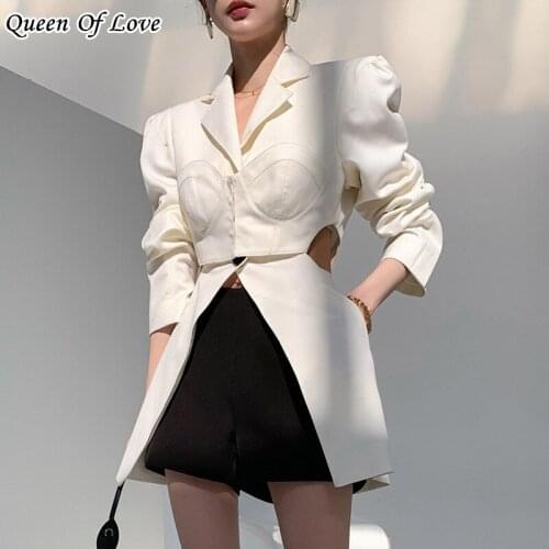 Sexy High Cut Out Waist Blazer Dress 2021 Autumn Fashion Elegant Streetwear Irregular Long Sleeve One Button Coat Dresses Y2K
