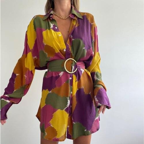 Women Shirt Dress Street Shooting Contrast Color Printing Belt Long Sleeve Above Knee Dresses Holiday Summer Women Clothing