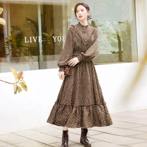 Free Shipping 2020 Fashion Floral Print Women Boshow Cotton Long Maxi Flower Lantern Sleeve Dresses Spring And Autumn Gorgeous