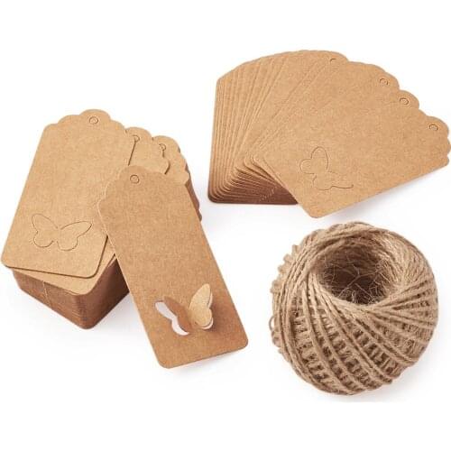100pcs/bag Jewelry Display Kraft Paper Price Tags and Hemp Cord Twine String for Jewelry Making 9x4.05x0.03cm
