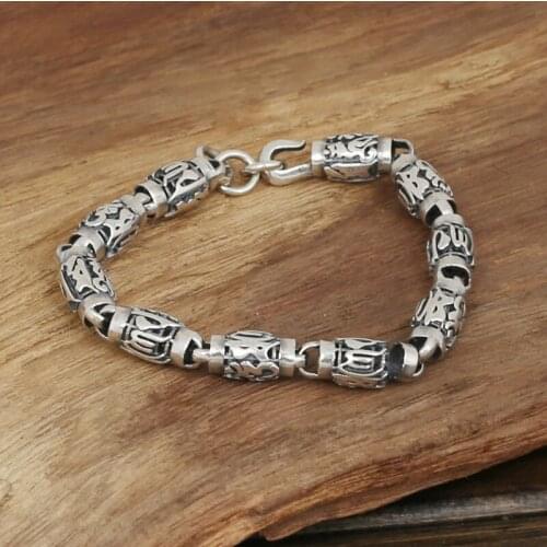 8MM 100% 925 Sterling Silver Vintage Six words Bracelets Women Men Fine Jewelry S925 Solid Thai Silver Buddhism Chain Bracelet