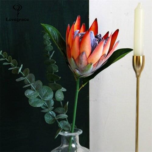 Lovegrace DIY Bouquet Flower Silk King Protea Flower Arrangement Fake Emperor Flowers Orange Home Party Wedding Table Decoration