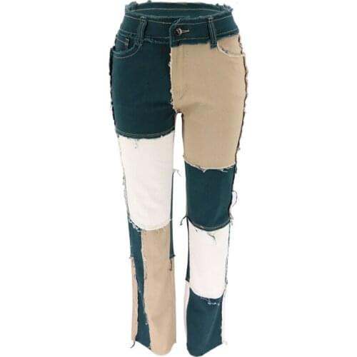 High Waist with Pockets Sexy Color Block Ladies Jeans High Street Blue Pants Woman Patchwork Skinny Straight Leg Jeans Woman