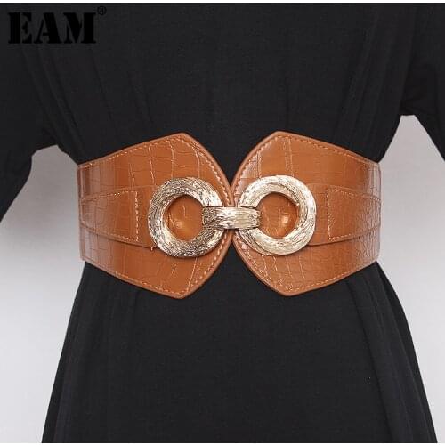 [EAM] Pu Leather Camel Split Irregular Elastic Wide Belt Personality Women New Fashion Tide All-match Spring Autumn 2021 1DB708