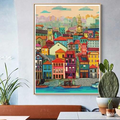 Colorful House By The Water Vintage Poster City Landscape Nordic Art Canvas Print Painting Wall Picture Modern Home Decoration