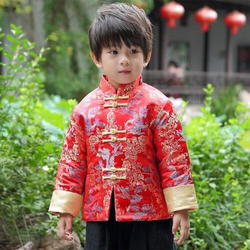 Cute Boys Satin Dragon Tangzhuang Chinese Kungfu Suit