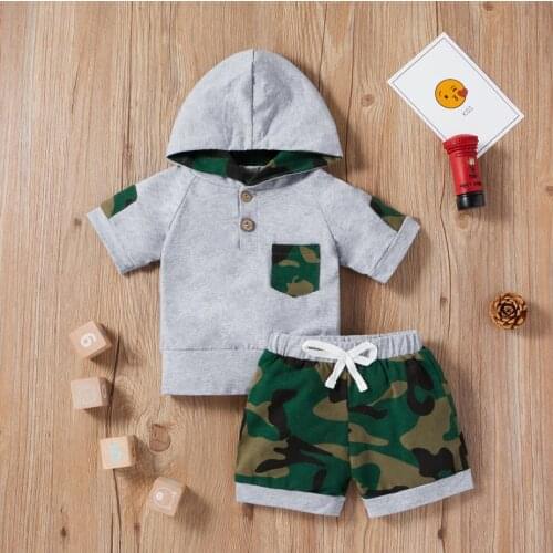 2Pcs Fashion Summer Kids Boys Outfit Baby Creative Short Sleeve Hooded Tops Camouflage Printing Shorts Set Babys Sets
