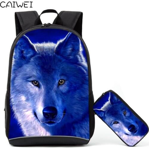 Cool Animal Wolf 2PCS/Set Women Men Backpack Fashion Book Bag Kids Pen Pencil Case 16 inch Children School Bag Bagpack