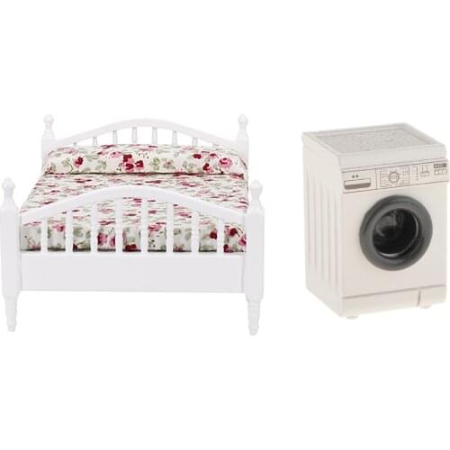 1:12 Scale Washing Machine and Double Bed Model Furniture Supplies Scenery