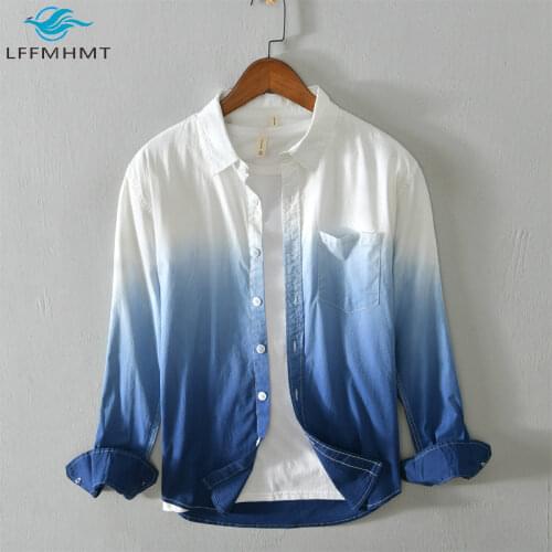 Men Spring Autumn Gradient Color Cotton Shirts Male Japan Style Harajuku Lapel Long Sleeve Business Casual Slim Fit Wild Tops