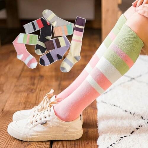 New Calf High Socks Lavender Purple Green Stripes Knee-length Long Tube Womens Fashion Pure Cotton Personality Fun Candy Color