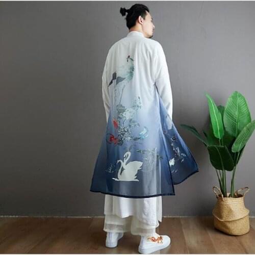 New Ethnic bird fake two-piece wash water cotton hemp outer Chiffon printed mens Chinese vintage tang kungfu Taichi special