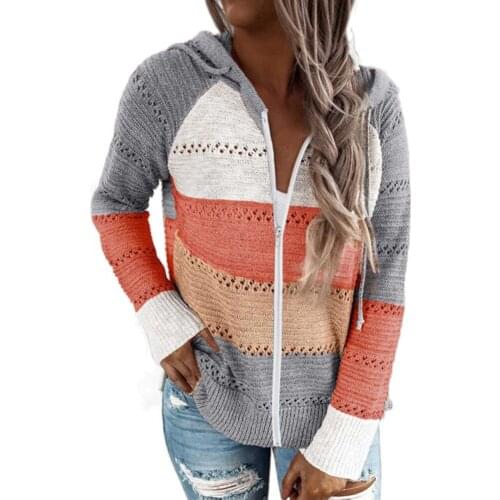 European and American autumn new products color matching zipper hooded knitted sweater women fashion striped cardigan