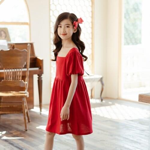 2021 Girls Dress Summer Red Cotton Princess Dresses for Girl Short Sleeve Kids Dress Childrens Clothing 6 8 10 12 14 16 Year