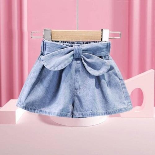 Girls Summer Denim Skirts Pant Inside Girls Bow Short Skirts Pettiskirt Pants Tutu Fashion Sweet Kids Girls Bottoms 2T 4 6 8 10Y