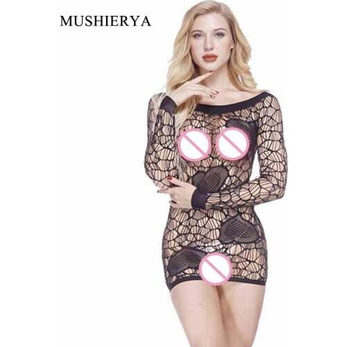 Sexy Fishnet Mini Dress Long Sleeve Jacquard Mesh Body Stocking Female Erotic Lingerie Bodycon Teddy Sleepwear Fantasy Intimates