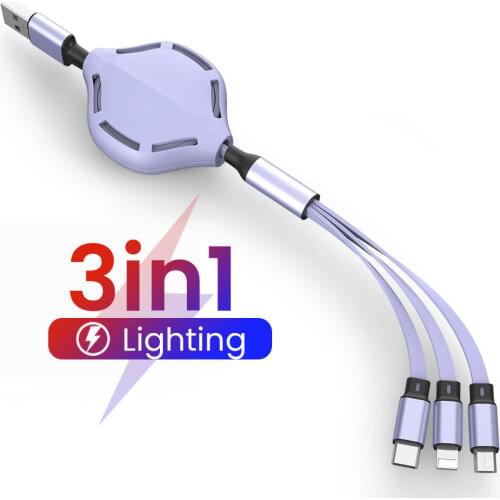 Retractable 3 In 1 Charge Cable Type C/Micro USB/8 Pin Charger Kable 110cm 2A Fast Charging Cord For iPhone 12 Huawei Mate40