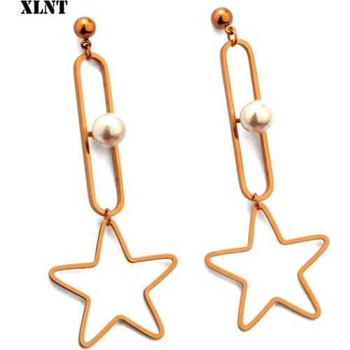 XLNT Elegant Pendientes 2019 Women Long Earring Pearl Charm Pendent Hollow Star Dangle Earring Bridal Wedding Jewelry