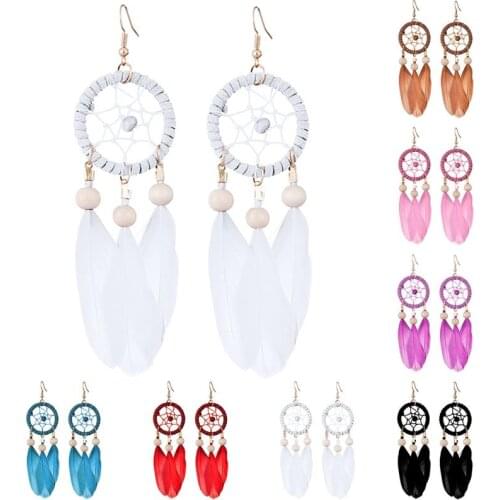 2020 Bohemian Dream Catcher Leaf Feather Ladies Earrings Women Summer Indian Jewelry Natural Wood Drop Dangle Earrings