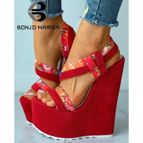 BONJOMARISA INS Hot Sale Sexy Open Toe high-heeled Floral Buckle women' Sandals Party Wedding Dress Red Platform Wedges Shoes
