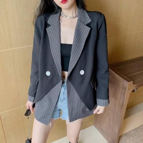 Korean style stripe blazer female autumn design irregular stripe stitching long sleeve suit jacket Tops