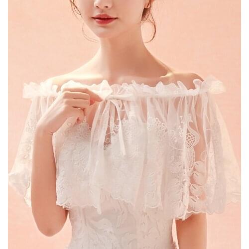 Ivory Women Tulle Wedding Bridal Stole Sheer Lace Ruffle Off the Shoulder Wrap Elegant Simple Formal Shawl with Ribbon