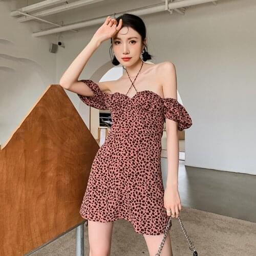 Gothic Leopard Print Backless Mini Dress Women Puff Sleeve Summer Dress 2021 Slash Neck Sexy Club Dresses Vestidos Hot Girls
