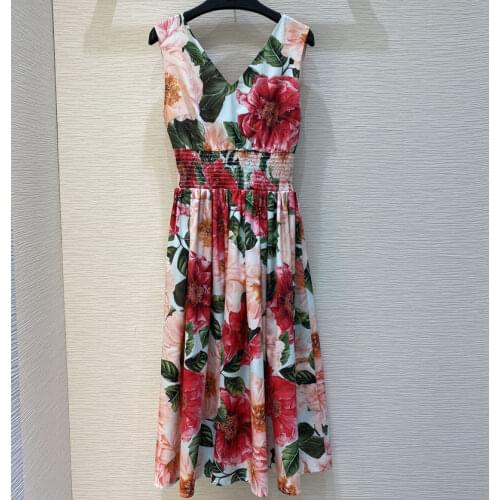 Runway 2021 Summer V-neck sleeveless floral printed tank Dress Womens elastic waist knee-length Dresses Vestdios y458
