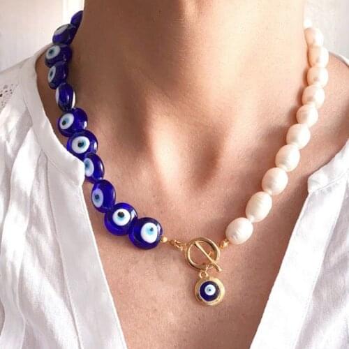 Bohemian Unique Blue Eye Bead Necklace Fashion Ethnic Style Neck Accessories High Quality Freshwater Pearl Choker For Women