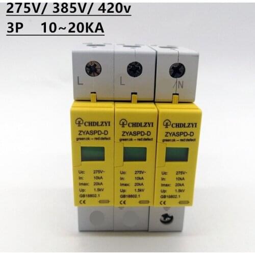 10KA~20KA 275 385V 420vAC 3P SPD House Surge Protector Protective Low-voltage Arrester Device Lightning protection 3