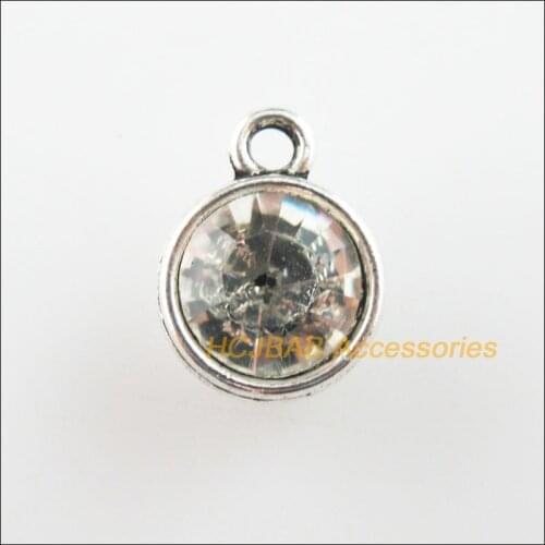 20Pcs Tibetan Silver Color Clear Crystal Round Charms Pendants 10x13mm