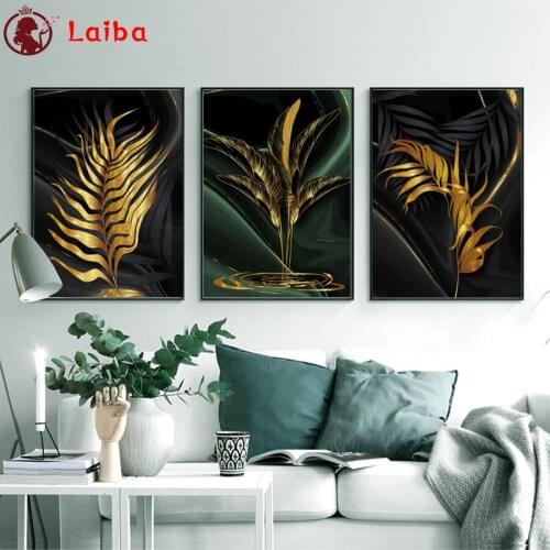 2021 round Diamond Painting Modern art, golden leaves Full square Rhinestone of Picture Diamond mosaic Home wall decoration3pcs