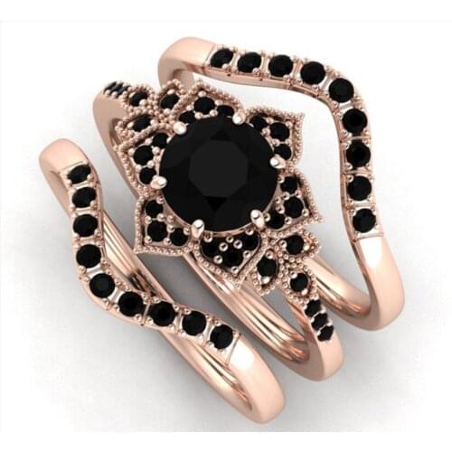 2021 New Design Rose Gold Black Zircon Flower Ring Three Piece Wedding Engagement Ring Cocktail Party Jewelry Anniversary Gift