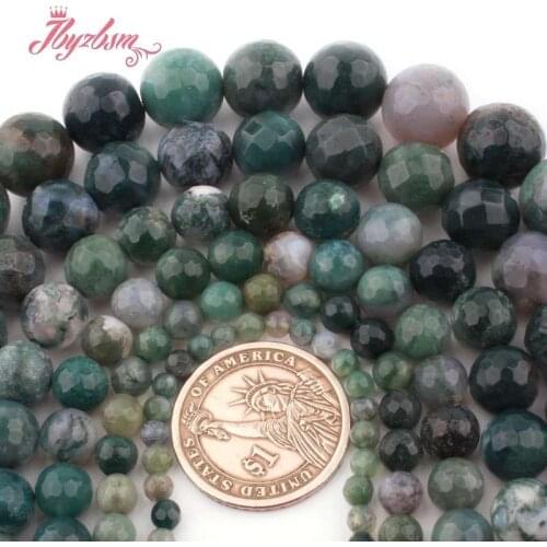 6,8,10,12mm Round Faceted Green Moss Agates Loose Natural Stone Beads For Jewelry Making DIY Necklace Bracelet Strand 15"