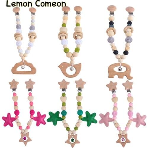 Baby Stroller Accessories Infant Nursing Gifts Wood Teether Pacifier Clips Baby Bed Hanging Toys Beech Wooden Baby Products