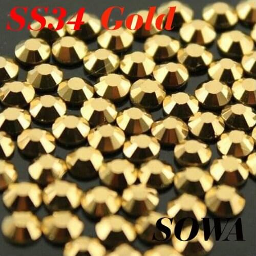 Free Shipping 144pcs/Lot SS34 (7.2mm-7.4mm) Gold / Aurum Flat Back Glue on ( Nail Art ) Non Hot Fix beads