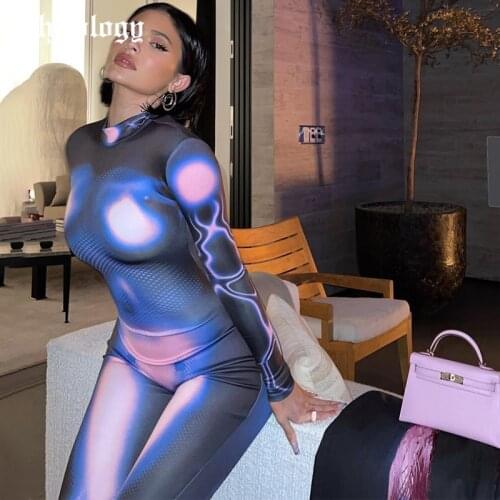 Chicology 2021 Women Autumn Summer Tie Dye Print High Neck Long Sleeve Stretchy Bodycon Fashion Zipper Back Elegant Jumpsuits