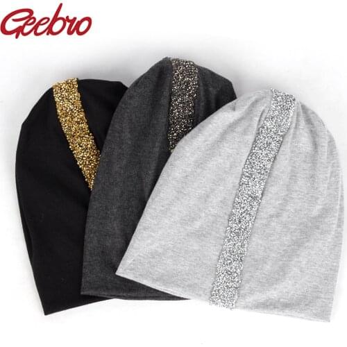 Geebro Women Soft Rhinestones Ribbon Cotton Casual Beanies Hats Solid Color Baggy Slouch Hats and Cap Lady Birthdays Gifts