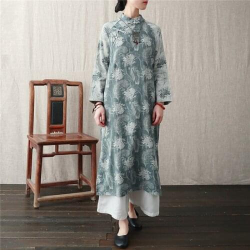 Johnature Women Vintage Dresses Stand Long Sleeve Print Floral Robes Cotton Linen Spring Cheongsam 2021 New Chinese Style Dress
