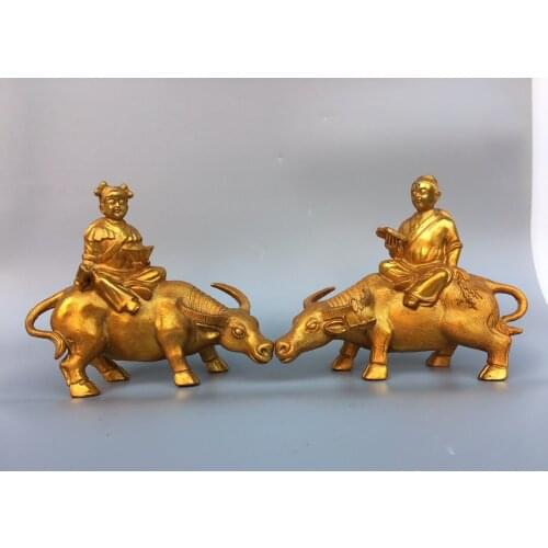 16"Chinese temple collection Old Bronze Gilt Boy herding cattle Golden boy and jade girl statue A pair Cow statue Bullish