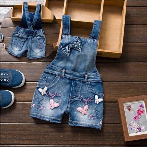 New Girls Overalls Summer Bow And Butterfly Decorate Girls Pants Princess Clothes For Girls Kids Short Jeans Children Clothing