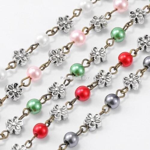 Handmade Round Glass Pearl Beads Chains for Necklaces Bracelets Making, with Tibetan Style Alloy Flower Links and Iron Eyepins