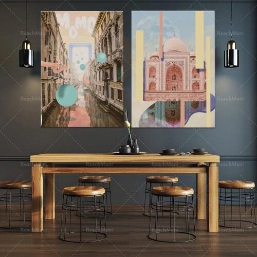 Nordic landscape posters, graphic art printing, castle art, canal art, pastel posters, colorful artists house wall decoration